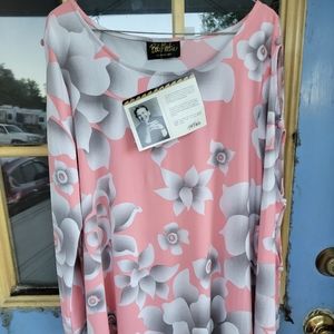 Bob Mackie Pink Floral Top Tunic Open Sleeves Plus Size M Boho Wearable Art NWT